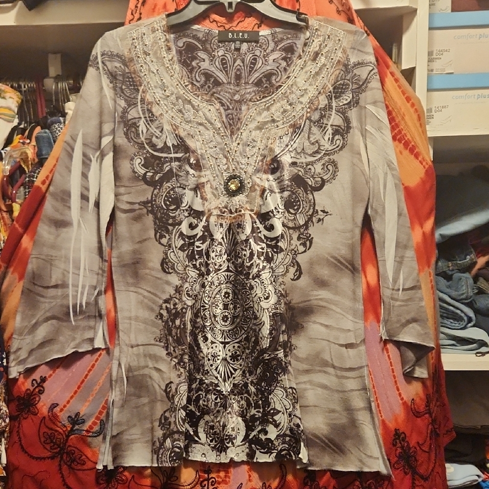 B.L.E.U. Silver and Black Embellished 3/4 Sleeve Blouse